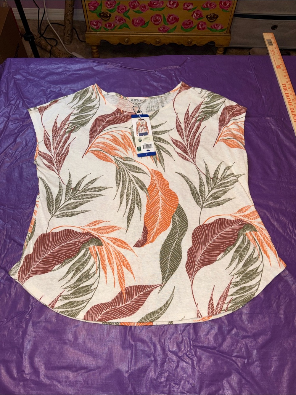 Orvis Linen Blend Short Sleeve Tropical Leaf Print Tunic size Large NWT